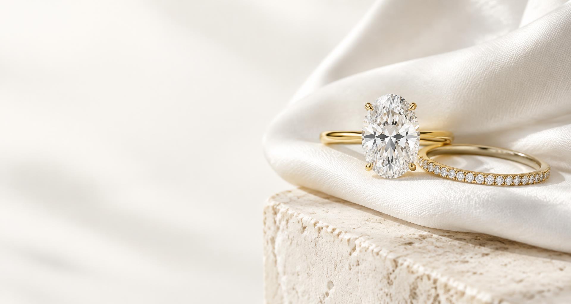 Oval diamond solitaire and wedding band on white silk